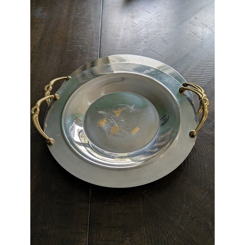 Serving Bowl Charger Dish Shiny Mirrored Floral Design w Gold Tone Handle (2) - Picture 2 of 11